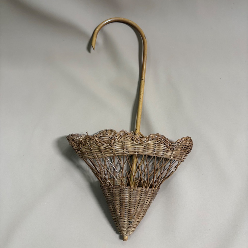 Vintage Wicker Umbrella Wall Basket Hanging Parasol Planter MCM Cottagecore